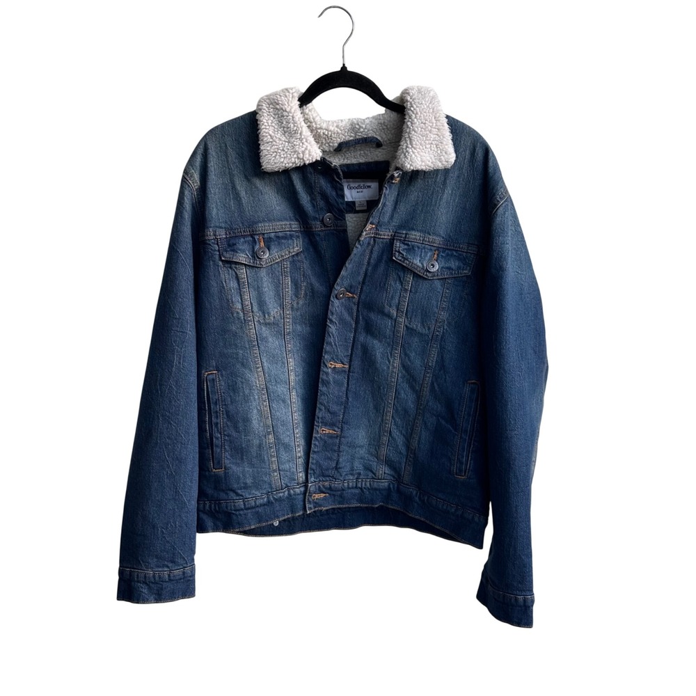 Goodfellow & Co Mens Sherpa Lined Denim Trucker Jacket Medium Wash Blue Size L